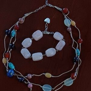 Bundle 925 Multicolor Real Stones Turqouise etc Necklace &  Rose Quartz Bracelet